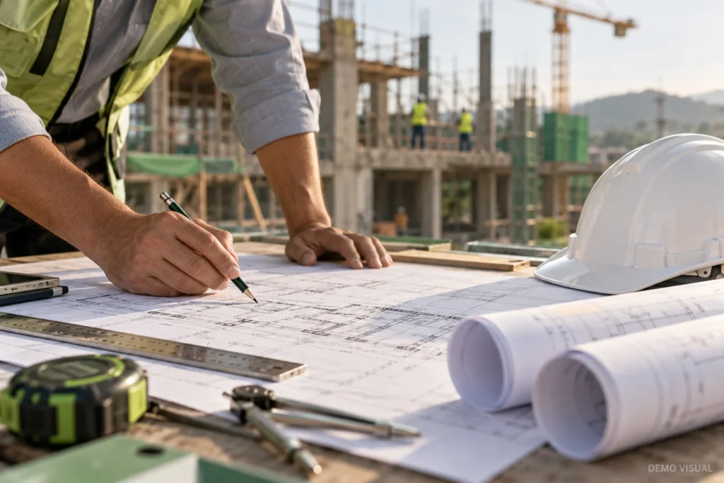 Engineer reviewing construction drawings at a project site